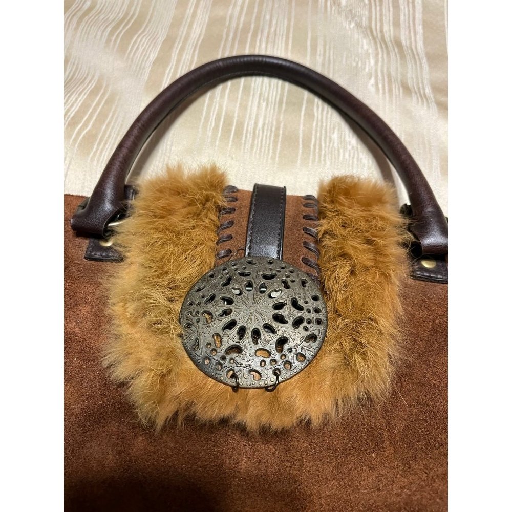 Nicole Lee Suede Purse Metal And Fur Accents Zipper Magnetic Closure Large Bag - Picture 7 of 10